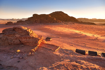 Scenic View Of Wadi Rum desert camp Against Clear Sky During Sun