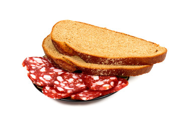 Smoked sausage and bread on a white background
