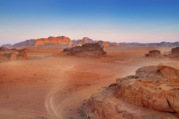 Scenic View Of Wadi Rum Against Clear Sky During Sunrise, Arabia