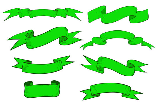 Collection of green ribbon banners and scrolls. Hand drawn sketch