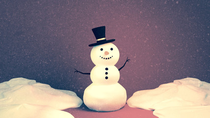 3d render picture of cute snowman object,  Happy Holidays and Merry Christmas greeting card. Abstract grunge texture photo filter.