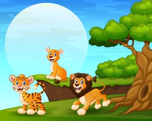 Cartoon tiger and lions playing near the cliff