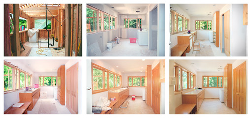 Progress of a laundry room remodel from framing through cabinets &  flooring. Note scanned from 35mm 