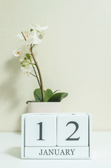 Closeup white wooden calendar with black 12 january word with white orchid flower on white wood desk and cream color wallpaper in room textured background , selective focus at the calendar