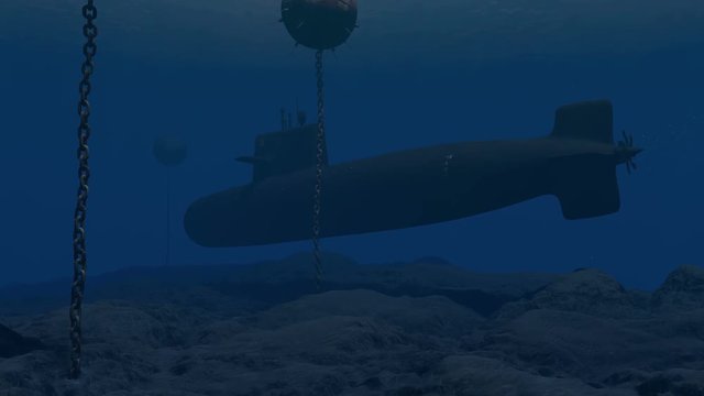 Computer generated submarine passing through a minefield