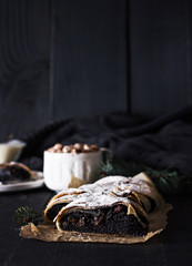 strudel on black background