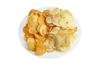 Potato chips in plate isolated on white background.