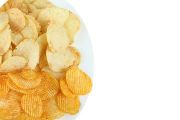 Potato chips in plate isolated on white background.