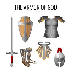 Fototapeta premium Armor of God elements set isolated on white. Vector