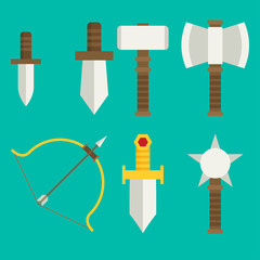 Vector flat game icons set. Medieval weapons