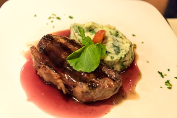 Rib eye steak served in a restaurant of Puerto Iguazu, Argentina