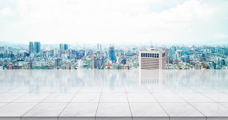 Business concept - Empty marble floor top with panoramic modern cityscape building bird eye aerial view under sunrise and morning blue bright sky of Taipei, Taiwan for display or montage product