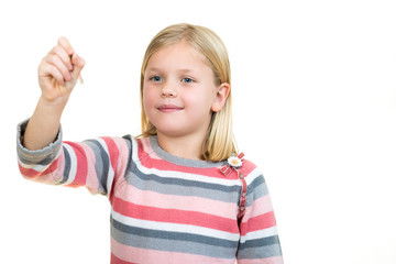 cute little girl drawing in the air or imaginary screen