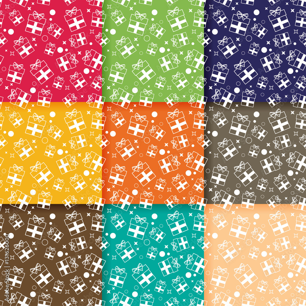 Poster set of seamless patterns with gift boxes