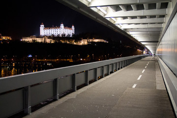 Bratislava Castle as seen from the footpath on UFO Bridge, Bratislava, Slovakia