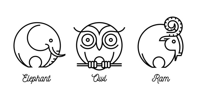 Abstract round line drawing of wild animal icons set with an elephant, ram and owl. Vector illustration.