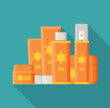 Sunscreen Care Sun Protection Cosmetics vector illustration. 