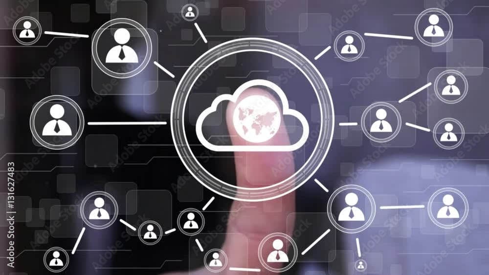 Poster businessman touch button cloud map communication network web