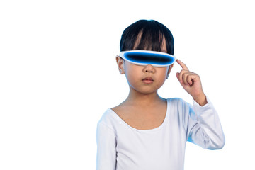 Asian Chinese little girl with futuristic eyeglassses in isolate