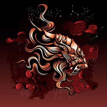 ancient mythical lion from Eastern folklore, on the background o