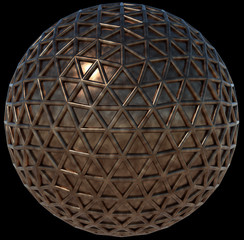 Metal sphere wrapped into a mesh of triangles, isolated on black, 3D rendering