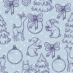 Obraz premium Cute Christmas seamless pattern with animals deer, doe, rabbit, lamb. Christmas Tree and cute animals. Funny animals childish design. Wonderful winter pattern for paper or fabric.
