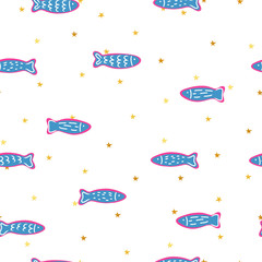 vector seamless pattern with sea fish and gold stars. children's drawing. tourist summer pattern. Bubbles in the background