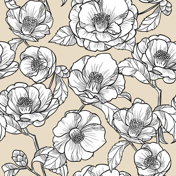 Flowers camellia on a beige background.Vector seamless pattern