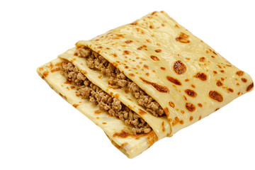 Pancake stuffed by meat white background view