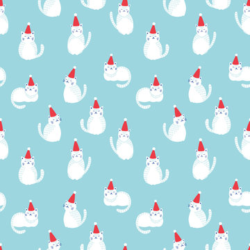 Fototapeta Christmas cats seamless pattern