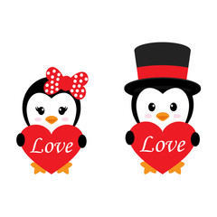 cute penguin set with heart and text