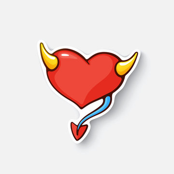 Vector illustration. Devil heart with horns and tail. Valentine's Day. Cartoon sticker in comic style with contour. Decoration for greeting cards, posters, patches and prints for clothes, emblems