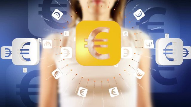 Young female pressing the screen then euro sign symbol appearing. Futuristic touch screen concept.
