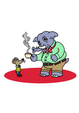 An elephant dressed with a shirt having a coffee with a little mouse. Vector Illustration