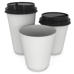 Disposable coffee cups. Blank paper mug. 3d render isolated on white background