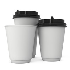 Disposable coffee cups. Blank paper mug. 3d render isolated on white background