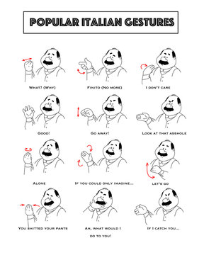 Gesturing funny cartoon bold man with mustaches. Set of gestures and humoristic explanations below.