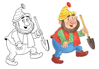 Fairy tale. Coloring page. Snow White and seven dwarfs.  A cute dwarf. Illustration for children