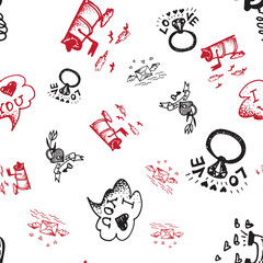 Retro hand-drawn sketches seamless background with love symbols for valentines and wedding day