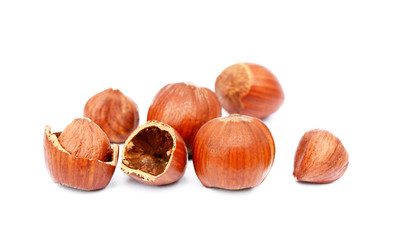 Group fresh hazelnuts isolated on white background