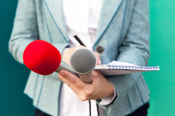 Female reporter or journalist at press conference, writing notes
