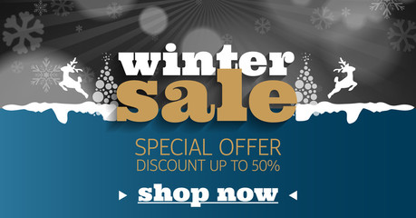 Winter sale social network banner aquamarine blue with snow, color background, snowflakes, tree and discount.