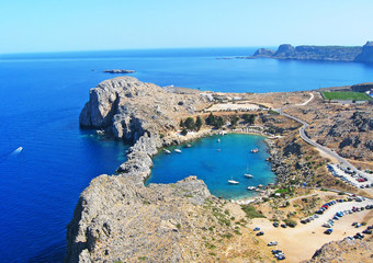 Aerial view on St. Paul's bay in Lindos (Rhodes island), Greece