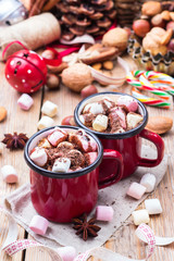 Hot chocolate with marshmallows and spices on christmas table