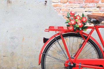 Fototapeta na wymiar Closeup flower on saddle red bicycle classic vintage