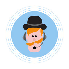 Red-haired man with a mustache in headphones with a microphone. Flat icon avatar.