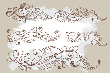 Set of five hand-drawn calligraphic floral design elements and page decoration. Vector illustration in vintage style with aged texture