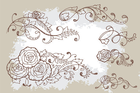 Set of three hand-drawn calligraphic floral design elements and page decoration. Vector illustration with roses in vintage style with aged texture