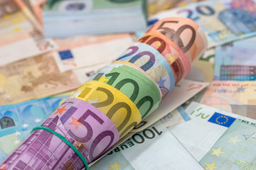 background of lots mixed euro bills.