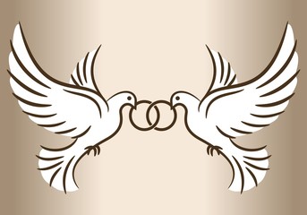 Two doves. Stylized pigeons and wedding rings. Vector illustration.
